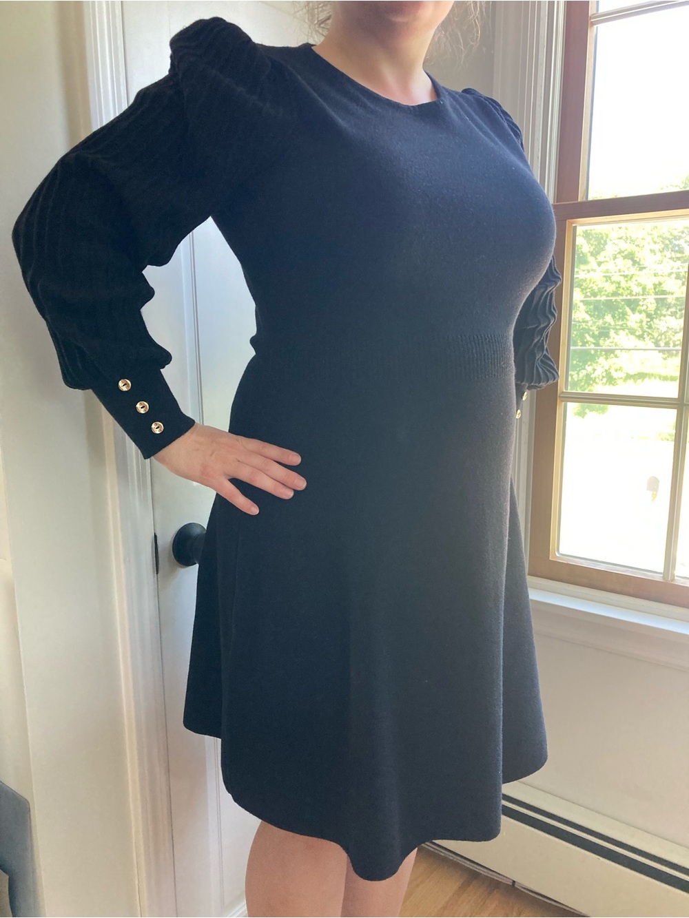 Nanette Lepore Black Puff-Sleeve Knit Sweater Dress with Silver Buttons